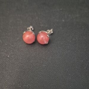 Pink Round Stone Stud Earrings - Polished Pink Gem Posts